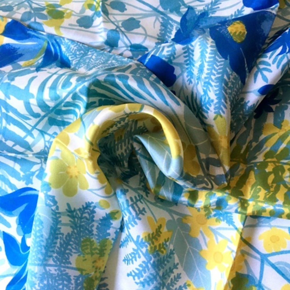 Vintage Vera Neumann Ferns Flowers Gold Aqua Blue Neck Scarf Neckerchief